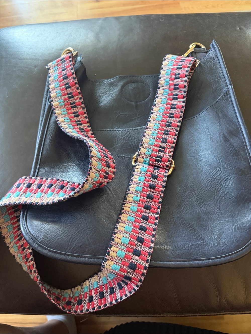 Social Threads navy crossbody Bag with Woven Multi-Color Strap